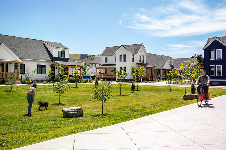 Bozeman residents in Bridger View Headwaters Housing Courtyard